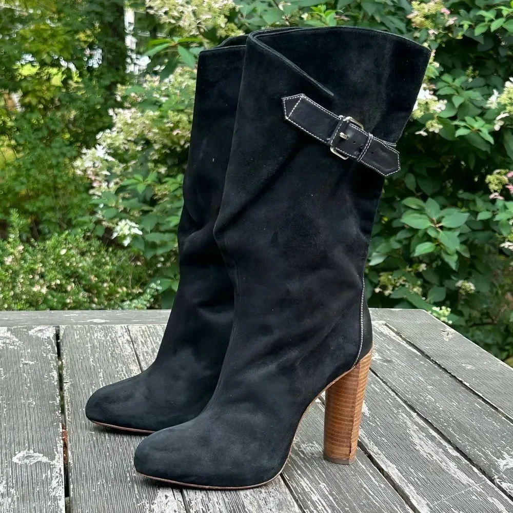 Boutique 9 Galen Black Suede Leather Tall Boots Size 6 Adjustable Calf